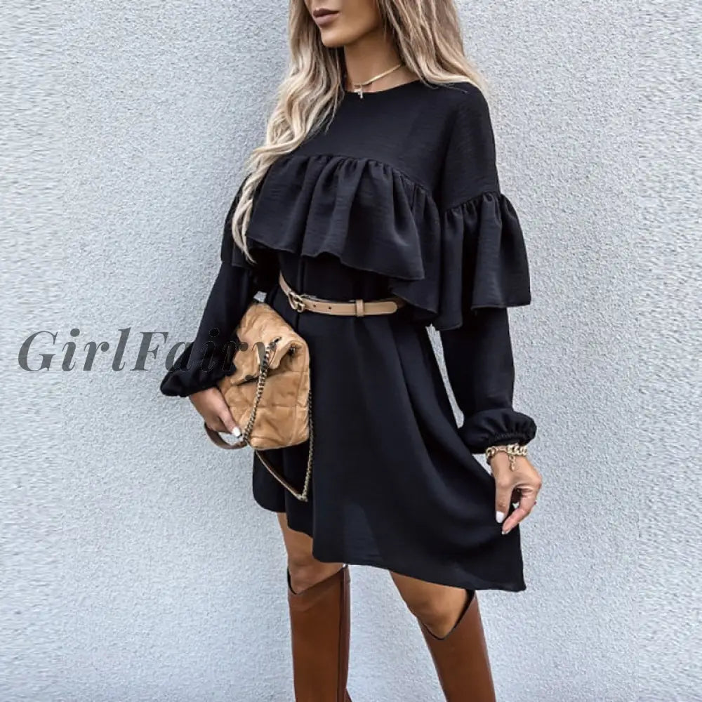 Girlfairy New Korean Style Woman Summer Black Printed Long Shirt Dress Sash Plus Size Ladies Casual