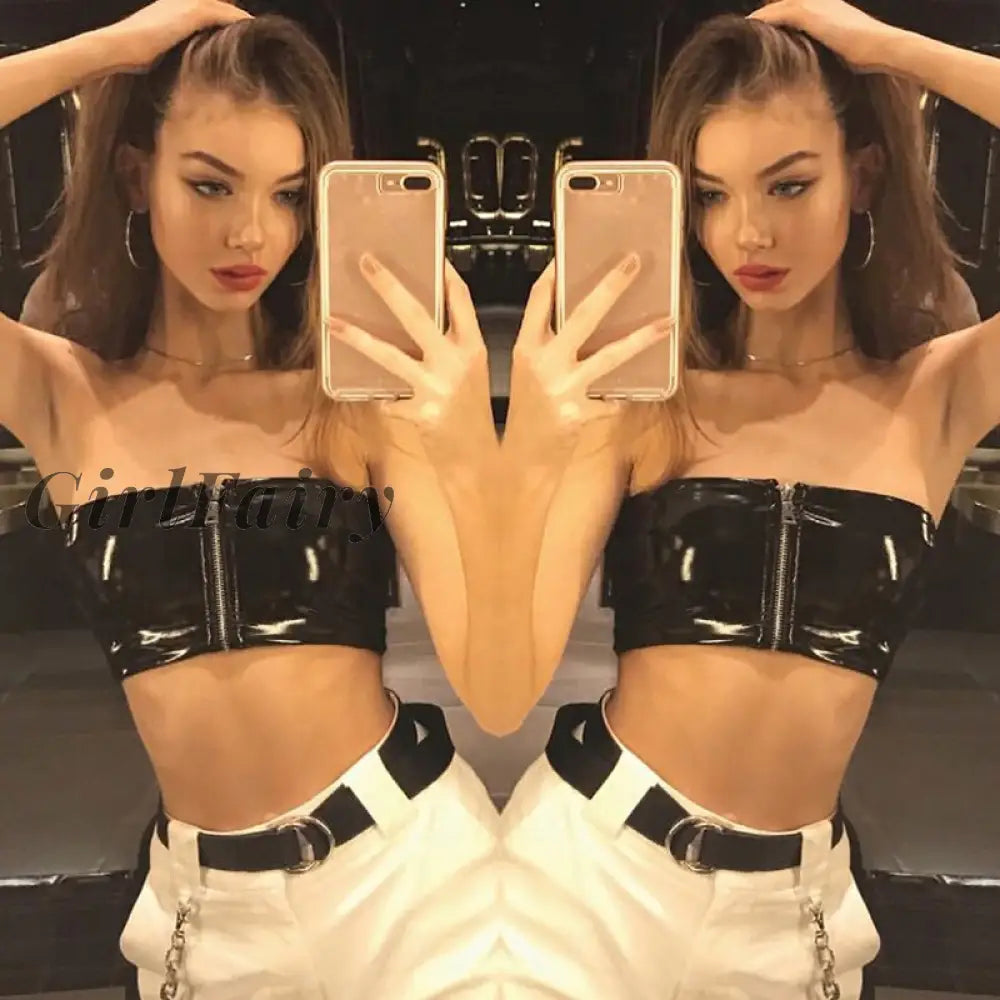 Girlfairy New Sexy Strapless Tube Top For Women Summer Street Style Pu Leather Zipper Crop Tops