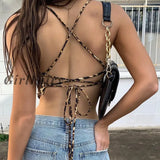 Girlfairy New Sexy Tanks Crop Top Women Leopard Backless Bandage Lace-Up Summer Sling Open Back