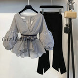 Girlfairy New Spring Summer 2 Pcs Suits Womens Striped Bow Lantern Sleeve Blouse + Black Split Flare