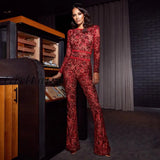 Girlfairy New Spring Women Red Sequins Bandage Jumpsuits Sexy O Neck Long Sleeve& Full Pants Club