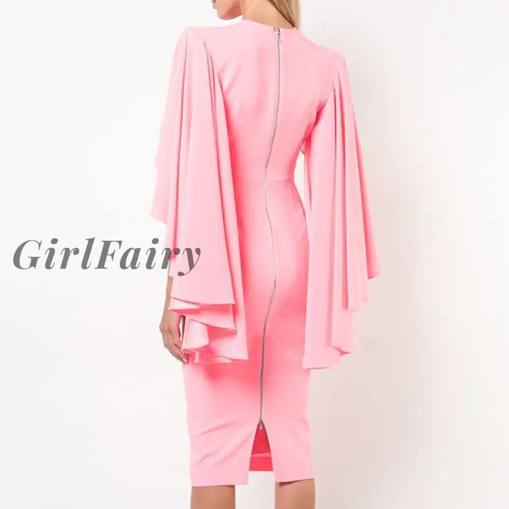 Girlfairy New Summer Women Pink Ruffles Bodycon Bandage Dress Sexy O Neck Midi Celebrity Evening