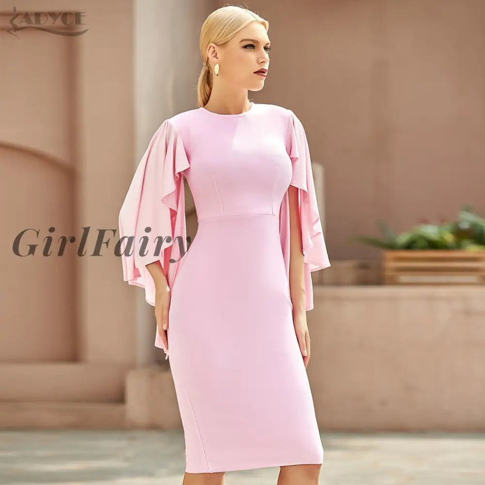 Girlfairy New Summer Women Pink Ruffles Bodycon Bandage Dress Sexy O Neck Midi Celebrity Evening