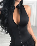 Girlfairy New Summer Women Zipper Front Solid Sleeveless Rompers Bodysuit Plunge Sleeveless Sexy Slim Solid Playsuit