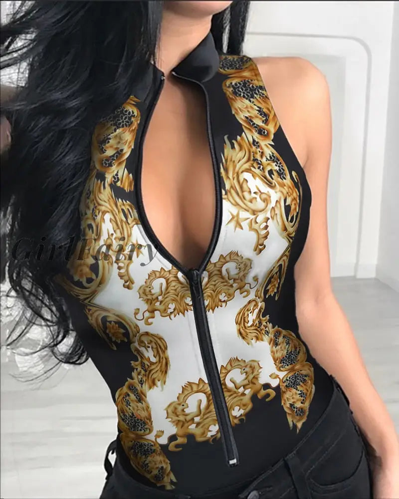 Girlfairy New Summer Women Zipper Front Solid Sleeveless Rompers Bodysuit Plunge Sexy Slim Playsuit