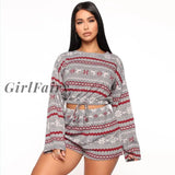 Girlfairy New Women Cropped Top+Lace-Up Pants Suit Knitting Prints Round Neck Long Sleeve Fall