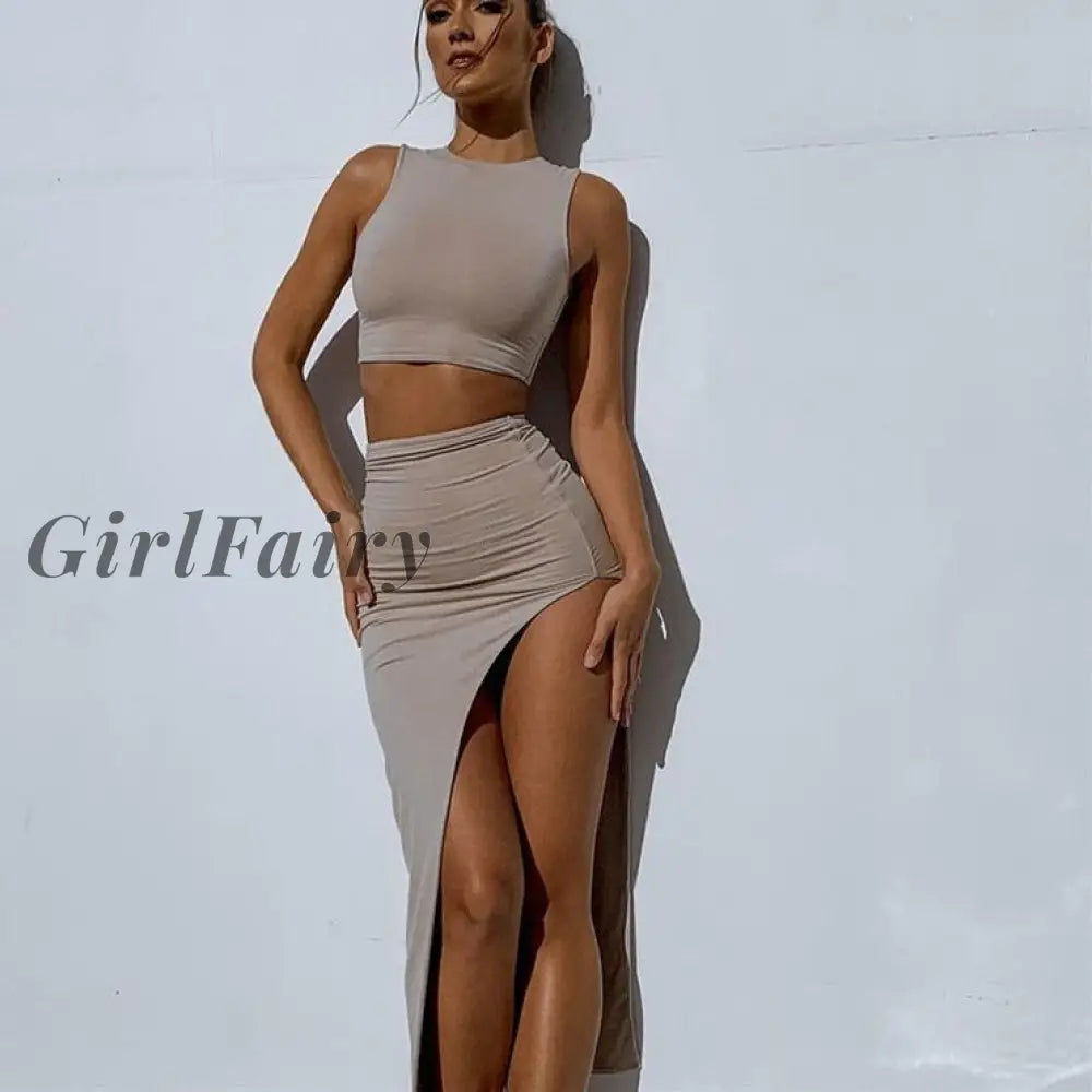 Girlfairy New Women Dress Two Piece Set 2023 Summer Solid Sleeveless Top Split Maxi Skirt Suit