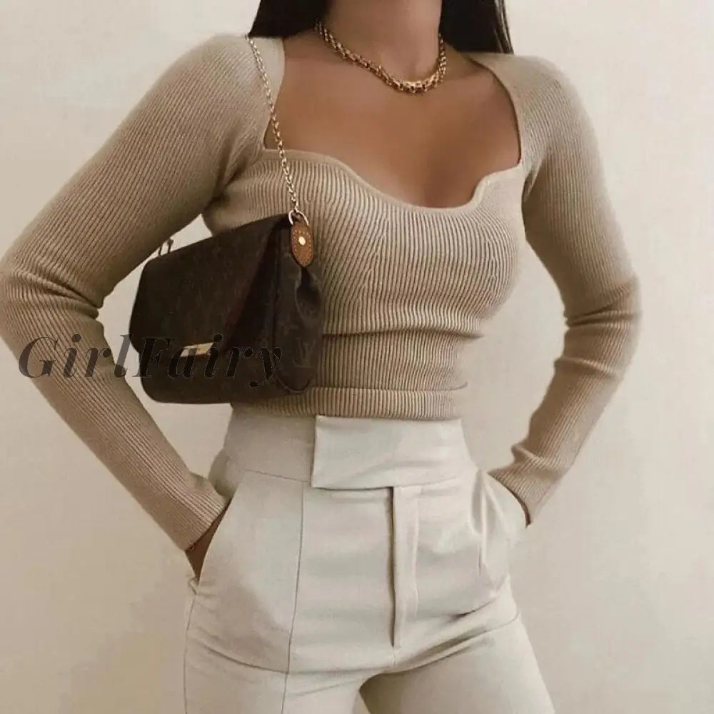 Girlfairy New Women Knit Sweater Top Long Sleeve Heart-Neck Casual Fashion Woman Slim-Fit Tight