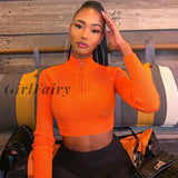 GirlFairy New Women Long Sleeve Zipper Crop Top Fashion Stand Collar Solid Color Ribbed Knitted Autumn Spring T Shirt Casual Clothes