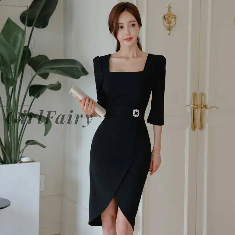 Girlfairy New Women Sexy Wrap Mid Length Sleeve High-Fork Slim Dress Long Puff Sleeves Solid Color