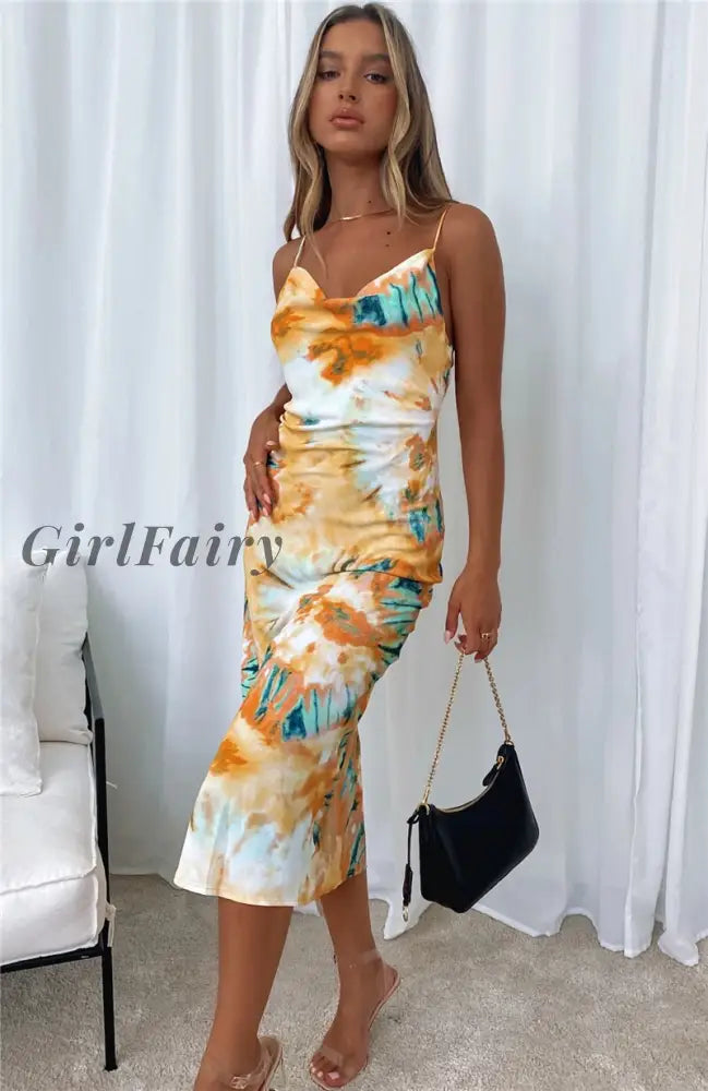 Girlfairy New Women Summer Sleeveless Flower Printed Dress Fashion Ladies Slim Fit V-Neck Spaghetti