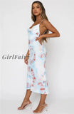 Girlfairy New Women Summer Sleeveless Flower Printed Dress Fashion Ladies Slim Fit V-Neck Spaghetti