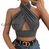 Girlfairy New Women Summer Tank Tops Fashion Solid Color Cross Halter Neck Backless Close-Fitting