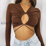 Girlfairy New Womens Long Sleeve T-Shirt Fashion Solid Color Hollow Tie-Up Exposed Navel Tops Spring