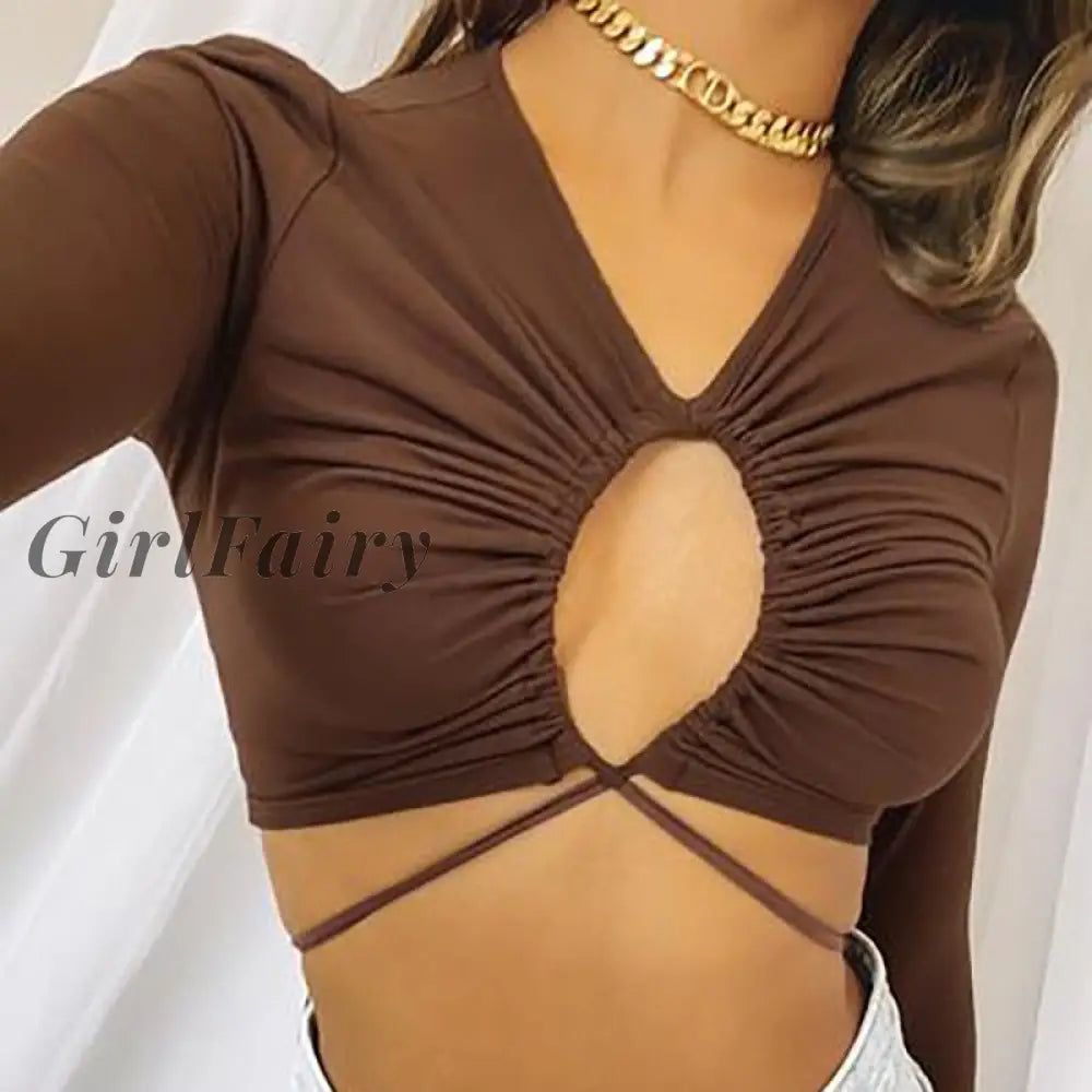 Girlfairy New Womens Long Sleeve T-Shirt Fashion Solid Color Hollow Tie-Up Exposed Navel Tops Spring