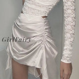 GirlFairy New Women's Satin High Low Mini Skirt Fashion High Waist Solid Color Side Drawstring Ruched Skirt White