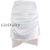 Girlfairy New Womens Satin High Low Mini Skirt Fashion Waist Solid Color Side Drawstring Ruched