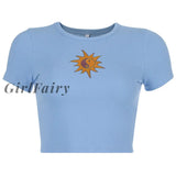 Girlfairy New Y2K Aesthetic T-Shirt Women Summer Short Sleeve Sun Embroidery Crop Tops T-Shirts E