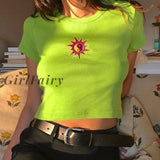 GirlFairy New Y2k Aesthetic T-shirt Women Summer Short Sleeve Sun Embroidery Crop Tops T-shirts E Girl Streetwear Women Y2k Top Camisetas
