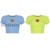 Girlfairy New Y2K Aesthetic T-Shirt Women Summer Short Sleeve Sun Embroidery Crop Tops T-Shirts E