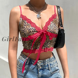 GirlFairy New Y2k Crop Top Lace Leopard Spaghetti Strap Tank Tops Women Large Size Bow Cropped E Girl 90s Aesthetic Streetwear Sweet Cami Top