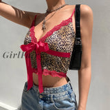 Girlfairy New Y2K Crop Top Lace Leopard Spaghetti Strap Tank Tops Women Large Size Bow Cropped E