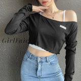 Girlfairy New Y2K Top Crops Tops T Shirt Women Off Shoulder Long Sleeve Summer Solid Streetwear