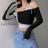 Girlfairy New Y2K Top Crops Tops T Shirt Women Off Shoulder Long Sleeve Summer Solid Streetwear