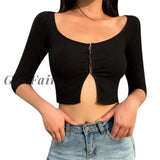 Girlfairy New Y2K Top Off Shoulder T Shirt Women Sexy Rib Front Buckles Shirts Half Sleeve Summer