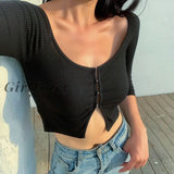 Girlfairy New Y2K Top Off Shoulder T Shirt Women Sexy Rib Front Buckles Shirts Half Sleeve Summer