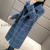 Girlfairy Non-shedding mid-length plaid coat autumn and winter thickening imitation mink velvet jacket female Korean loose cardigan
