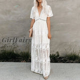 Girlfairy Off Shoulder Lace Patchwork Elegant Dress Women Summer V Neck Spaghetti Strap Female New