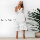 Girlfairy Off Shoulder Lace Patchwork Elegant Dress Women Summer V Neck Spaghetti Strap Female New