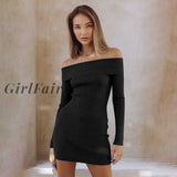 Girlfairy Off Shoulder Long Sleeve Dresses For Women Winter Clothes Elegant Sexy Solid Rib Knit