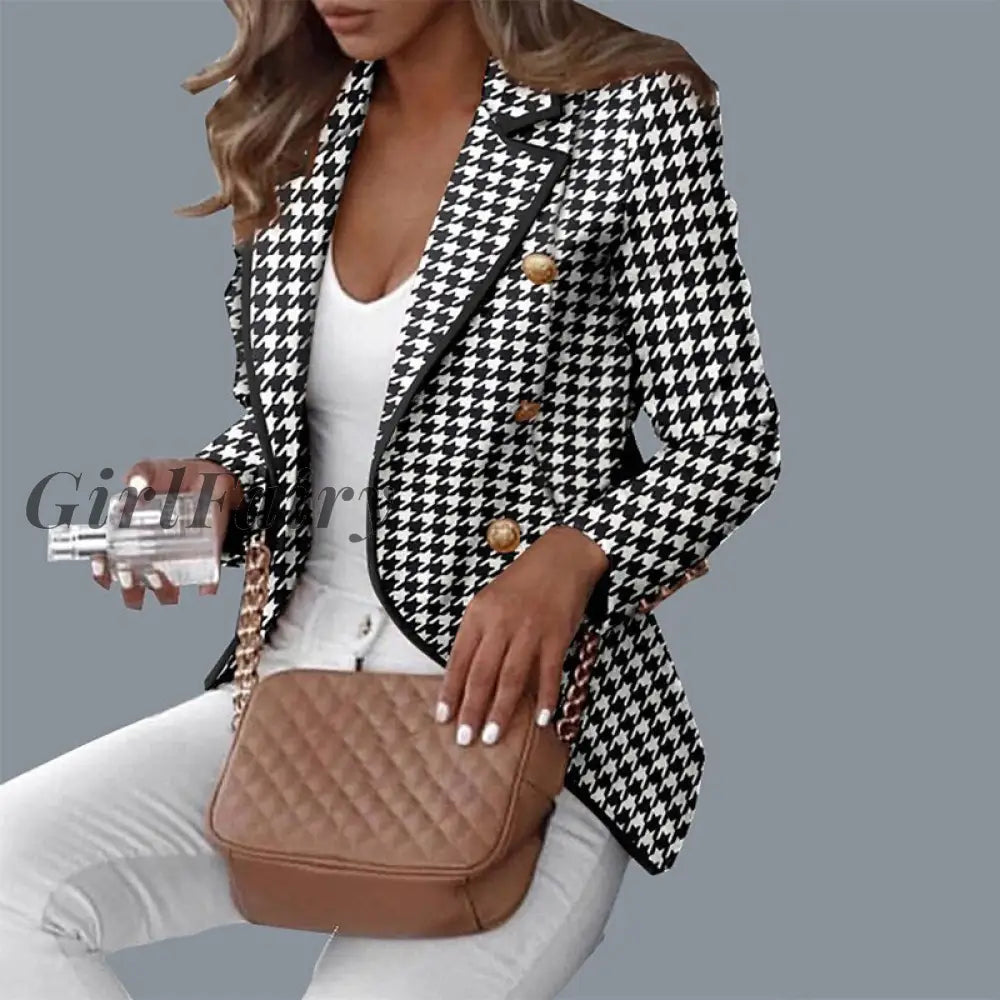 Girlfairy Office Lady Houndstooth Plaid Blazer Coat Autumn Women Long Sleeve Button Casual Khaki