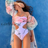 Girlfairy One Piece Swimsuit Sexy Abstract Print Swimwear Women Beach Cover Up Bathing Suit