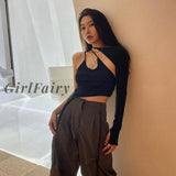 Girlfairy One Shoulder Long Sleeve Tshirt Women Sexy Halter Asymmetrical Slim Tops 90S E-Girls Tees