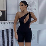 Girlfairy One Shoulder Twist Cut Out Biker Shorts Rompers Sleeveless Sporty Bodysuit Workout