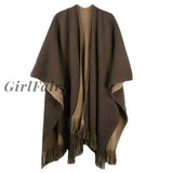 Girlfairy Oversize Deversible Women Winter Knitted Cashmere Poncho Capes Shawl Cardigans Sweater Coat