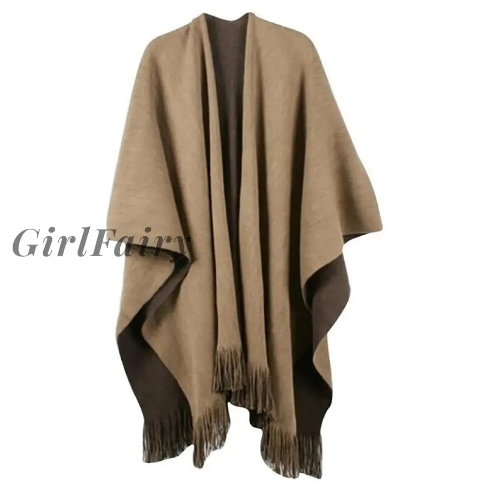 Girlfairy Oversize Deversible Women Winter Knitted Cashmere Poncho Capes Shawl Cardigans Sweater