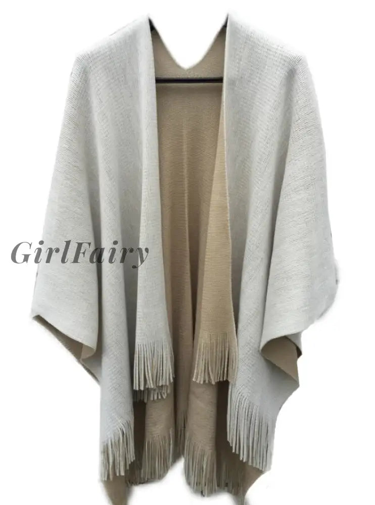 Girlfairy Oversize Deversible Women Winter Knitted Cashmere Poncho Capes Shawl Cardigans Sweater