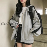 Girlfairy Oversized Jacket Coat Women Korean Style Zip Up Fleece Hooded Sweatshirt Student Autumn