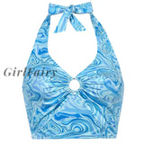 Girlfairy Paisley Halter Neck Crop Top Beach Tanks Camisoles For Women Summer Cyber Y2K Wear Blue