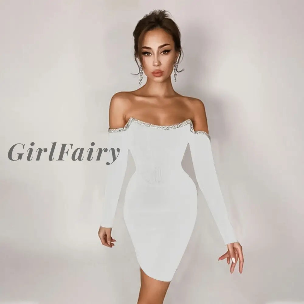 Girlfairy Party Dress Off Shoulder Shiny Diamond Bordered Long Sleeve Mini Women High Waist Solid