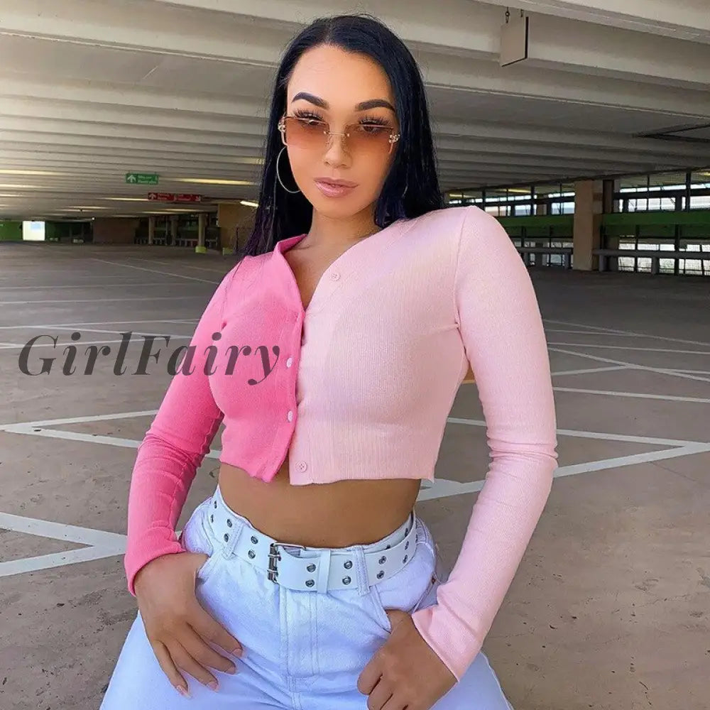 Girlfairy Patchwork Knitted Long Sleeve Crop Top Cardigan V Neck Button Up T Shirts Sexy Winter