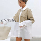 Girlfairy Patchwork Pu Leather Long Shirt Women Sleeve Pocket Ladies Blouse Casual Top Elegant