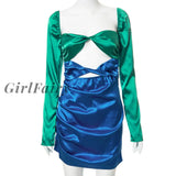 Girlfairy Patchwork Sexy Hollow Out Ruched Women Dress Blue Long Sleeve High Waist Ladies Autumn