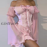 Girlfairy Pink Elegant Slash Neck Mini Dress Women Flare Long Sleeve Lace-Up Chiffon Sundress Summer