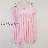 Girlfairy Pink Elegant Slash Neck Mini Dress Women Flare Long Sleeve Lace-Up Chiffon Sundress Summer