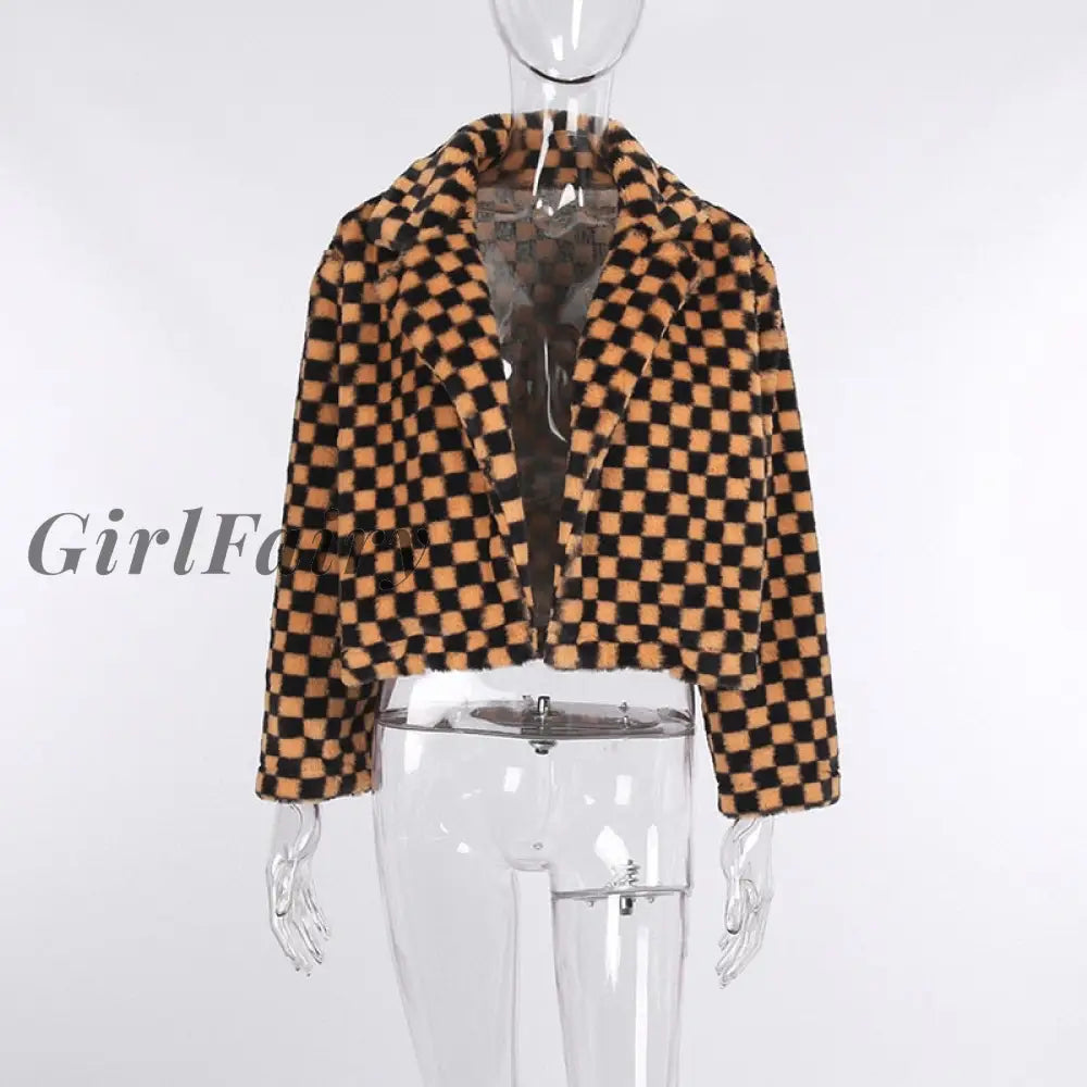 Girlfairy Plaid Orange Faux Fur Coats For Women Open Stitch Streetwear Winter Autumn Loose Cardigan